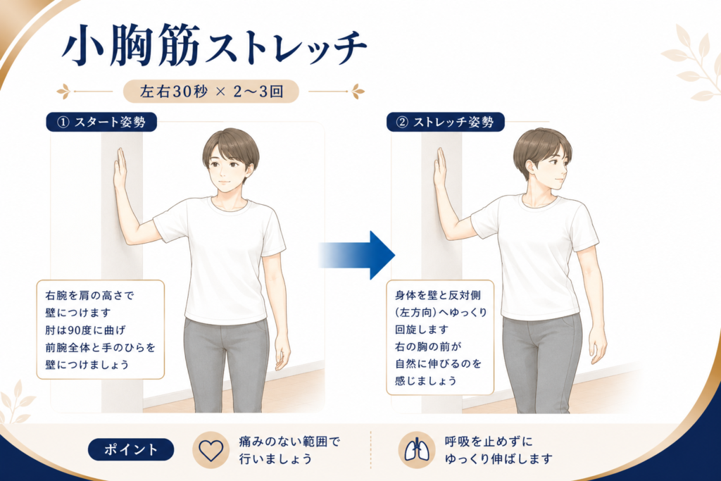 小胸筋とは?巻き肩や肩こりとの関係を整体師がわかりやすく解説 小胸筋のストレッチ